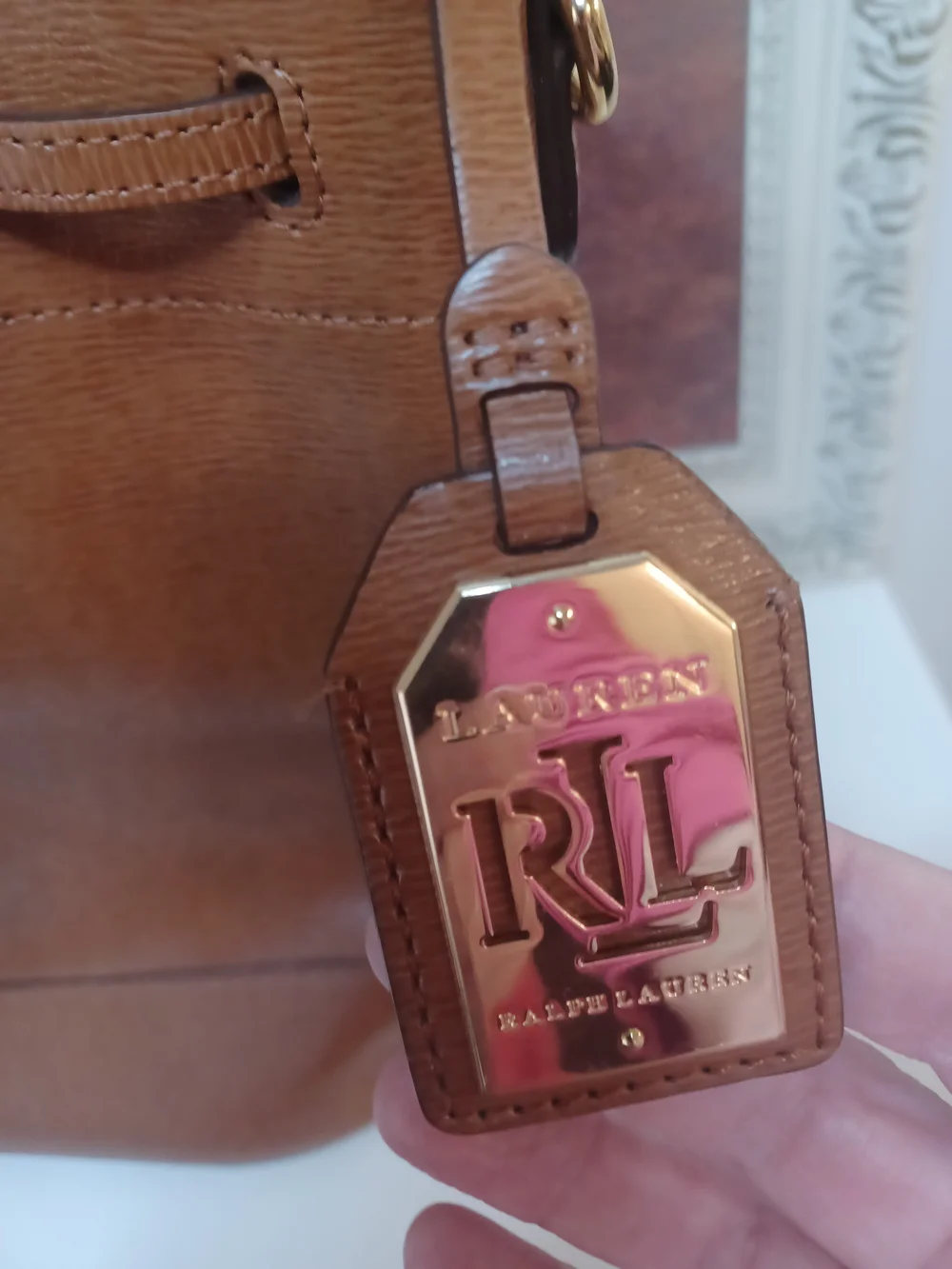 Lauren Ralph Lauren Brown Leather Drawstring Satchel with Gold Hardware